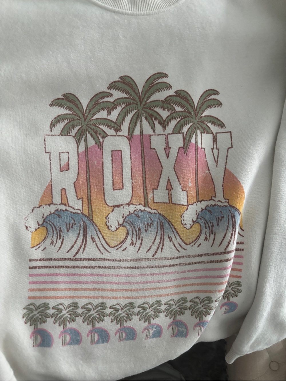 Roxy White Crewneck Over sized Sweatshirt Pastel Sunset Palm and Wave Graphic - Picture 2 of 5